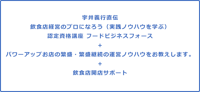 宇井義行直伝　飲食店経営のプロになろう（実践ノウハウを学ぶ）　認定資格講座 フードビジネスフォース　+　パワーアップお店の繁盛・繁盛継続の運営ノウハウをお教えします。　+　飲食店開店サポート