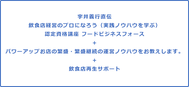 宇井義行直伝　飲食店経営のプロになろう（実践ノウハウを学ぶ）　認定資格講座 フードビジネスフォース　+　パワーアップお店の繁盛・繁盛継続の運営ノウハウをお教えします。　+　飲食店開店サポート